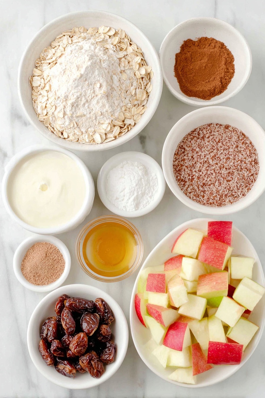 Flat lay of a small pile of rolled old-fashioned oats, a neat heap of ground cinnamon powder, a small mound of white baking powder, a pinch of coarse sea salt crystals, a small white bowl of creamy unsweetened vanilla almond milk, a small white bowl of smooth unsweetened applesauce, a small white bowl of golden maple syrup, a small heap of light brown ground flaxseed, a small dollop of solid white coconut oil, a small heap of pale vanilla bean powder, a pile of freshly diced red and green apple pieces, and a small pile of dark brown raisins, all arranged in perfect symmetry on simple white ceramic bowls and dishes placed on a clean white marble surface, soft natural light, photo taken with an iPhone, professional food photography style, fresh ingredients, white ceramic bowls, no bottles, no duplicates, no utensils, no packaging --ar 2:3 --v 7 --p m7354615311229779997