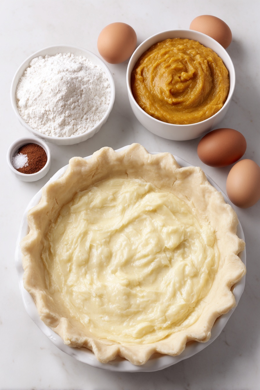 Flat lay of a fully unrolled, round pie crust in a simple white ceramic pie dish, a small white bowl filled with smooth orange pumpkin puree, a small white bowl containing thick sweetened condensed milk, two large whole brown eggs with clean shells, a small white bowl holding warm brown pumpkin pie spice powder, and a small white bowl with fine white salt crystals, all arranged symmetrically and balanced, placed on a clean white marble surface, soft natural light, photo taken with an iPhone, professional food photography style, fresh ingredients, white ceramic bowls, no bottles, no duplicates, no utensils, no packaging --ar 2:3 --v 7 --p m7354615311229779997