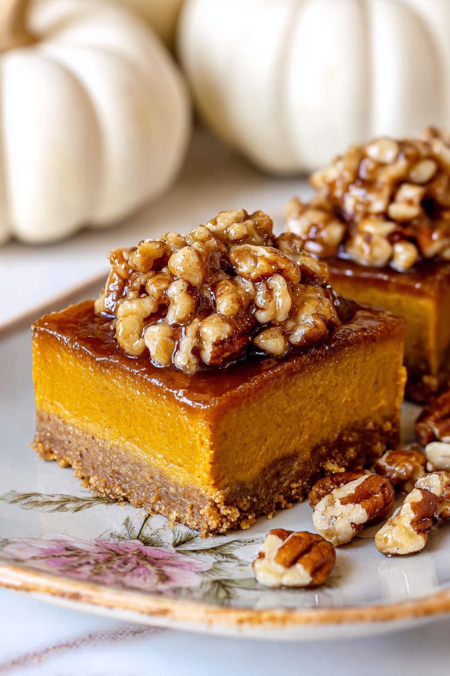 The image shows a close-up of a square dessert with three layers. The bottom layer is a light brown, crumbly crust. The middle layer is thick, smooth, and pumpkin-orange in color. The top layer is a generous pile of chopped nuts, mainly pecans, which are glossy and seem to be covered in syrup, creating a shiny texture. The dessert sits on a white plate with a soft floral pattern, and scattered nut pieces lie around it. The background is a white marbled texture with blurred shapes of white pumpkins in the backdrop. photo taken with an iphone --ar 2:3 --v 7