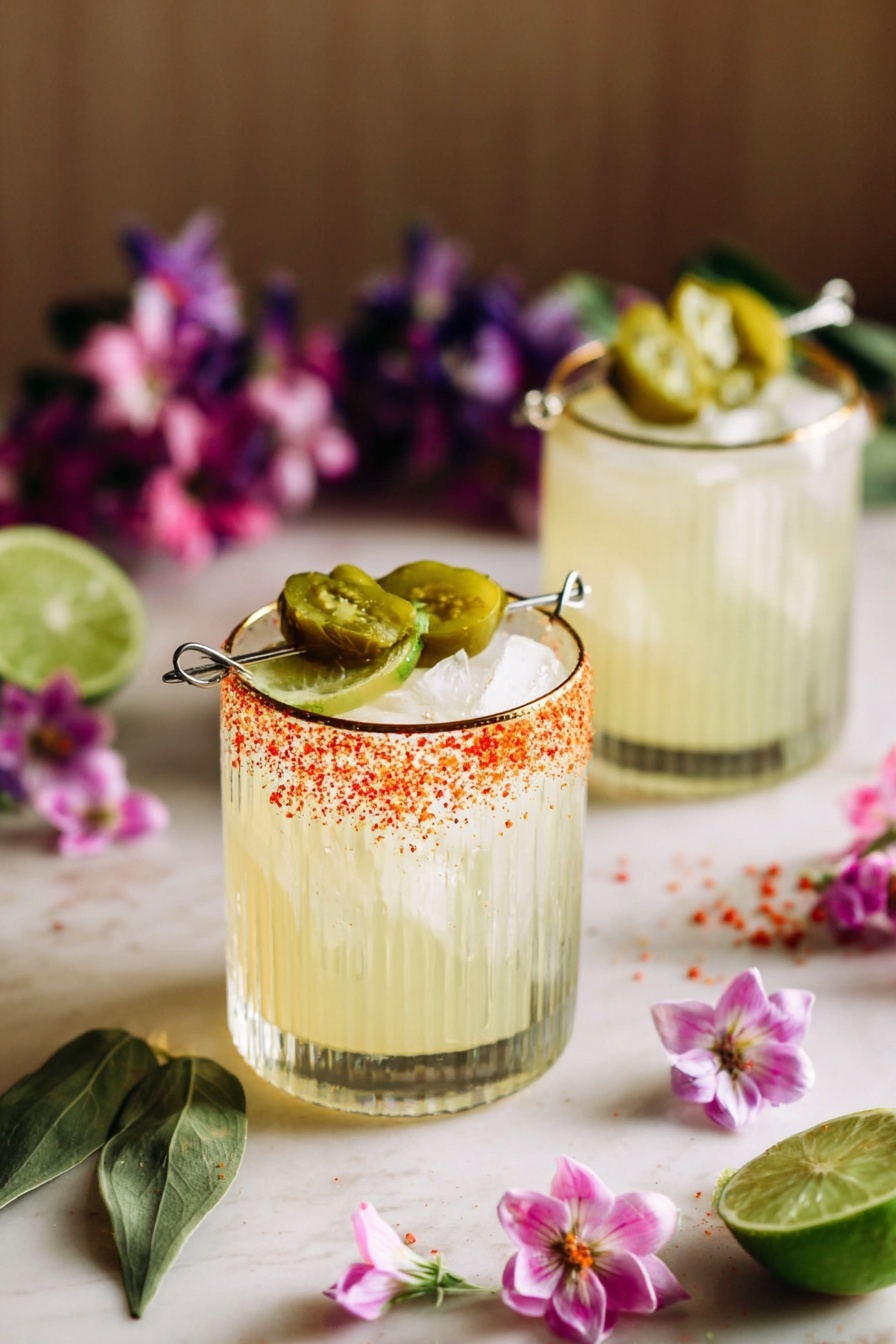 The image shows a clear drink in a short white glass with vertical ridges and a thin gold rim. The drink has large clear ice cubes inside. On top, there are two small green pickles held together by a silver metal skewer resting across the glass opening. The glass rim is decorated with reddish spice powder on one side. Around the glass, there are light pink and purple flowers, slices of lime, green leaves, and a wooden surface with some spice powder scattered. The background surface is changed to a white marbled texture. photo taken with an iphone --ar 2:3 --v 7