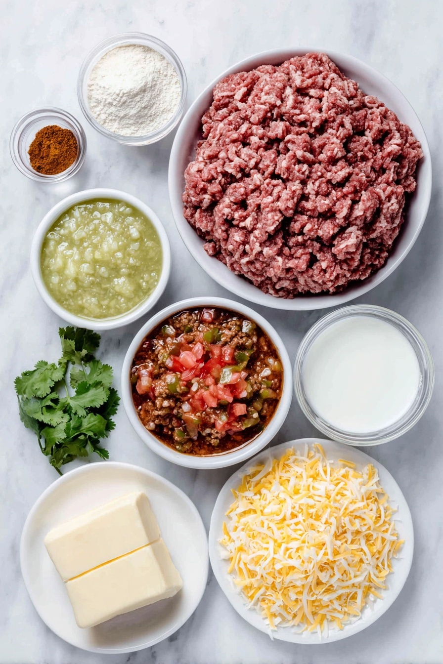 Flat lay of a small pile of fresh lean ground beef, a small white bowl of fine pale flour, a neat stack of mixed chili powder, ground cumin, smoked paprika, garlic powder, onion powder, salt, and cayenne pepper as tiny heaps of colorful spices, a simple white bowl filled with chunky tomatoes and green chilies mixture resembling mild Rotel, another white bowl holding bright green mild salsa verde, a small white bowl of fresh creamy milk, a white ceramic plate with soft cubed cream cheese, a white plate with a small mound of freshly shredded mild cheddar cheese, a few vibrant red diced tomatoes, a small bunch of fresh cilantro sprigs, and a handful of crisp golden tortilla chips arranged symmetrically and naturally placed on a clean white marble surface, soft natural light, photo taken with an iPhone, professional food photography style, fresh ingredients, white ceramic bowls, no bottles, no duplicates, no utensils, no packaging --ar 2:3 --v 7 --p m7354615311229779997