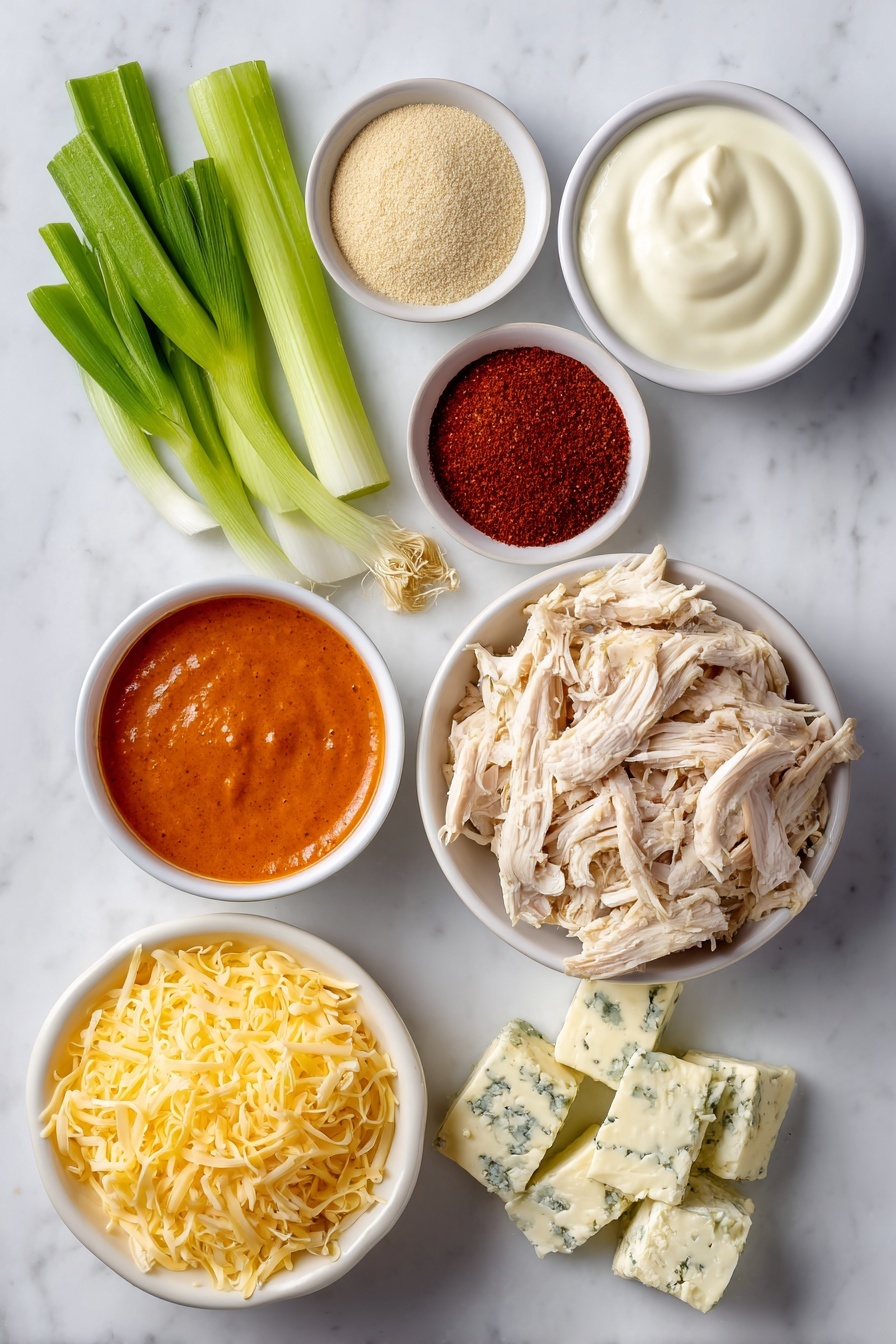 Flat lay of a small white ceramic bowl filled with vibrant bright orange buffalo wing sauce, a small white bowl of thick full-fat sour cream, a modest pile of pale off-white dry ranch seasoning powder, small heaps of deep red chili powder, warm rusty smoked paprika, fine beige garlic powder, light tan onion powder, and coarse white salt, tender shredded cooked rotisserie chicken in natural off-white and golden brown tones, a small mound of creamy white-blue mottled blue cheese crumbles, a neat pile of finely shredded bright orange cheddar cheese, a separate pile of finely shredded creamy white mozzarella cheese, a white ceramic dish with evenly cubed smooth cream cheese, fresh green onions with bright green tops and white bulbs, fresh sprigs of vibrant green cilantro, all arranged with perfect symmetry and realistic proportions on a clean white marble surface, soft natural light, photo taken with an iPhone, professional food photography style, fresh ingredients, white ceramic bowls, no bottles, no duplicates, no utensils, no packaging --ar 2:3 --v 7 --p m7354615311229779997