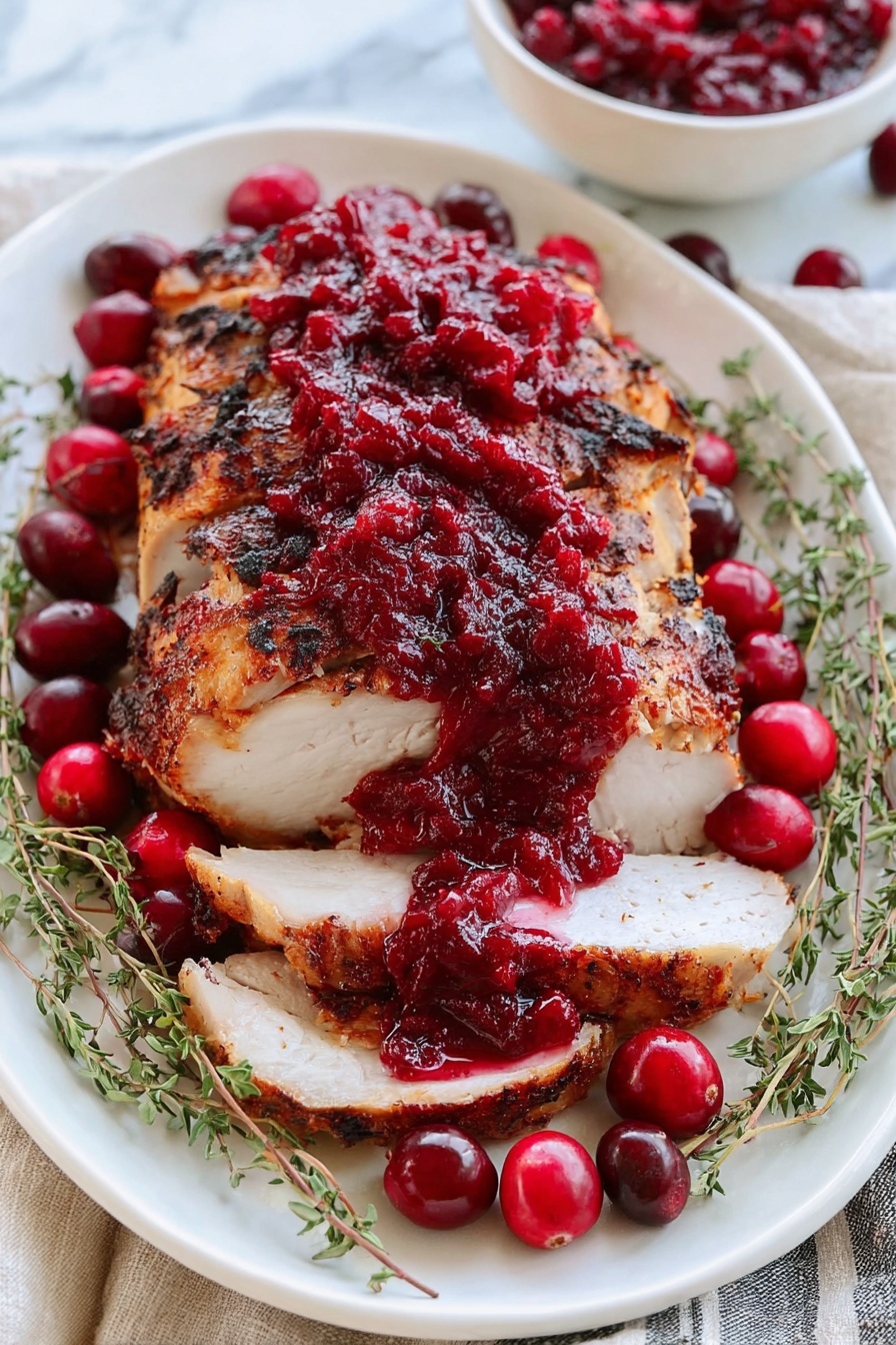 A white plate holds a sliced roast with a golden-brown, slightly charred crust and tender white inside, layered thickly. The top layer is covered with a chunky, bright red cranberry sauce that spreads unevenly over the meat. Around the roast are whole fresh cranberries with a shiny red skin, and sprigs of fresh green thyme placed on the left and right edges of the plate. The scene is set on a white marbled surface, and a bowl of extra cranberry sauce is visible in the top right corner. Photo taken with an iphone --ar 2:3 --v 7
