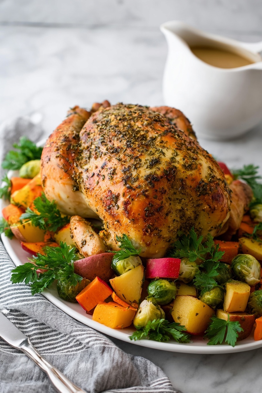 A whole roasted chicken with a golden-brown and herb-crusted skin sits on a white plate. The chicken is surrounded by a colorful mix of roasted vegetables including bright green Brussels sprouts, orange sweet potatoes, red apple pieces, and yellow potatoes. Fresh green parsley leaves add a touch of color and freshness around the chicken. The plate is set on a white marbled surface, with a gray striped cloth and a silver knife visible beside it. In the background, there is a white gravy boat filled with light brown gravy. Photo taken with an iphone --ar 2:3 --v 7