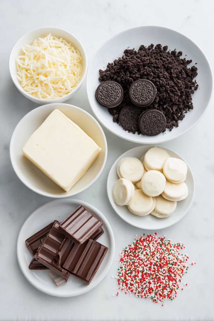 Flat lay of a crumbly pile of whole dark Oreo cookies, a block of smooth cream cheese, a handful of round white chocolate melting wafers, a small stack of halved mini Oreos without filling, a neat cluster of shiny dark chocolate Rolos candies, a scattering of festive holly-themed sprinkles, and a scattering of snowman-themed colorful decorating sprinkles — all arranged symmetrically in simple white ceramic bowls and plates, placed on a clean white marble surface, soft natural light, photo taken with an iPhone, professional food photography style, fresh ingredients, white ceramic bowls, no bottles, no duplicates, no utensils, no packaging --ar 2:3 --v 7 --p m7354615311229779997
