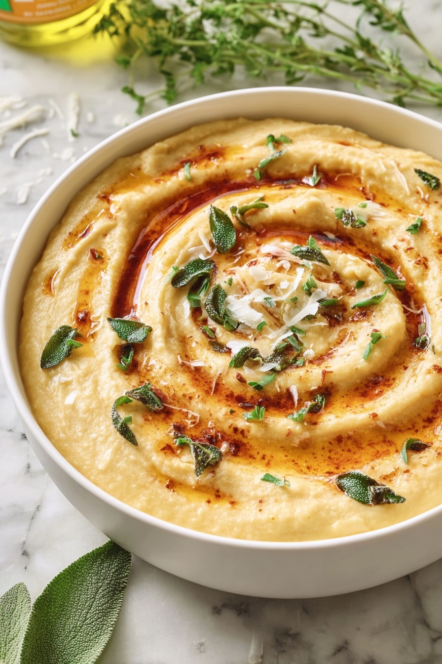 A white bowl filled with a creamy pale yellow dish that has a thick, smooth texture with some peaks and swirls in the surface. The top layer is drizzled with a reddish-brown sauce in a spiral pattern and scattered with small, fried green leaves and a few shreds of white cheese. The bowl is placed on a white marbled surface with some fresh green herbs nearby, adding a natural touch to the setting. photo taken with an iphone --ar 2:3 --v 7