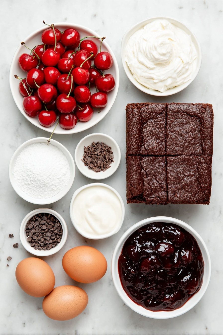 Flat lay of a dozen fresh whole cherries with stems, a small pile of shiny dark chocolate shavings, a scattering of tiny chocolate sprinkles, a pristine white ceramic bowl filled with smooth dark chocolate cake cubes, a small white ceramic bowl holding glossy cherry pie filling with visible whole cherries, a small white ceramic bowl of rich dark chocolate pudding, a small white ceramic bowl of thick cold heavy whipping cream, a single whole uncracked brown egg with a clean shell, a small white ceramic bowl with fine white powdered sugar, and a small white ceramic bowl containing clear golden kirsch liqueur, all arranged symmetrically and balanced on a clean white marble surface, soft natural light, photo taken with an iPhone, professional food photography style, fresh ingredients, white ceramic bowls, no bottles, no duplicates, no utensils, no packaging --ar 2:3 --v 7 --p m7354615311229779997