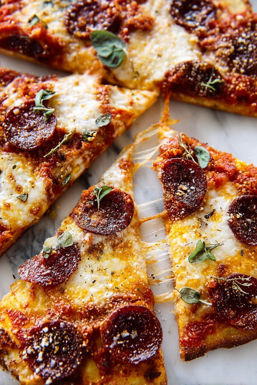 A round pizza is sliced into six pieces on white parchment paper over a white marbled surface. The pizza has a thin golden brown crust with a slightly crispy texture. The base layer is bright red tomato sauce, topped with melted, golden-yellow cheese that stretches between the slices. Scattered on top are dark brown pepperoni slices with a slight shine. Fresh green oregano leaves are placed on some slices as garnish. A few small piles of red pepper flakes are sprinkled on the pizza and the parchment. Two small white bowls with red pepper flakes sit near the top right of the pizza. The lighting highlights the sizzling texture of the cheese and pepperoni, making the pizza look hot and fresh. photo taken with an iphone --ar 2:3 --v 7