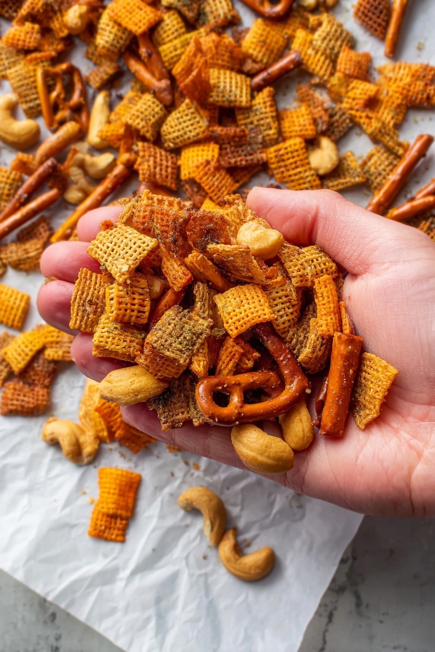 A close-up view of a woman's hand holding a mix of snack pieces including orange and brown crispy cereal squares, small pretzel sticks, round brown crackers, and cashew nuts. The snack mix shows a range of textures from crunchy cereal to smooth nuts and dry crackers. More of the same snack mix is scattered on white parchment paper beneath the hand, all placed on a white marbled surface. The hand is centered, with the snack mix spilling slightly out of the grip, showing vibrant orange and brown shades with light seasoning on some pieces. Photo taken with an iphone --ar 2:3 --v 7
