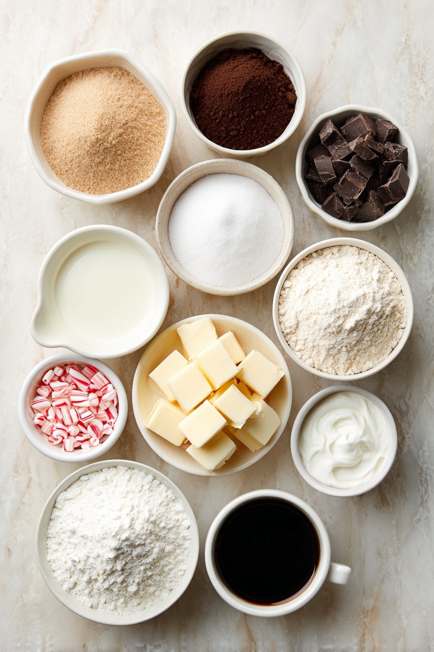 Flat lay of a small mound of unbleached cake flour, a small white ceramic bowl filled with granulated sugar, a small white ceramic bowl of unsweetened Dutch processed cocoa powder, a small white ceramic bowl with packed brown sugar, a small white ceramic bowl containing espresso powder, a small white ceramic bowl with baking powder, a small white ceramic bowl holding baking soda, a small white ceramic bowl of fine sea salt, several cubed unsalted butter pieces, a small white ceramic bowl of sour cream, a small white ceramic bowl with whole milk, a small white ceramic bowl of vegetable oil, a small white ceramic bowl of room temperature coffee or hot water, two whole large eggs with clean shells, a small white ceramic bowl of clear peppermint extract, a larger mound of unsalted butter, a small white ceramic bowl of powdered sugar, a small white ceramic bowl of heavy cream, a small white ceramic bowl of vibrant red gel food coloring, and a few fresh peppermint candy canes and peppermint baking chunks scattered elegantly, all placed on a clean white marble surface, soft natural light, photo taken with an iPhone, professional food photography style, fresh ingredients, white ceramic bowls, no bottles, no duplicates, no utensils, no packaging --ar 2:3 --v 7 --p m7354615311229779997