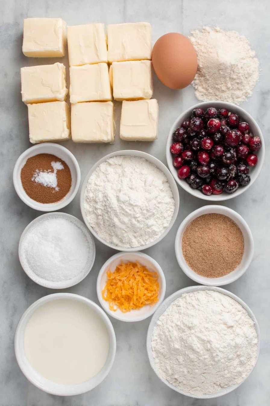 Flat lay of a few large cubes of unsalted butter, two small piles of granulated sugar and light brown sugar, one whole uncracked large egg with a clean shell, a small white bowl of clear vanilla extract, a mound of all-purpose flour, a small heap of baking powder, a small pile of ground cinnamon, a pinch of kosher salt, a cluster of fresh cranberries, a small white bowl with granulated sugar, a small white bowl with cornstarch, a small pile of bright orange zest, a small white bowl holding fresh orange juice, a small white bowl of vanilla extract, a white ceramic bowl with sifted powdered sugar, a small white bowl filled with whole milk, all ingredients arranged in perfect symmetry and balanced proportions, placed on a clean white marble surface, soft natural light, photo taken with an iPhone, professional food photography style, fresh ingredients, white ceramic bowls, no bottles, no duplicates, no utensils, no packaging --ar 2:3 --v 7 --p m7354615311229779997