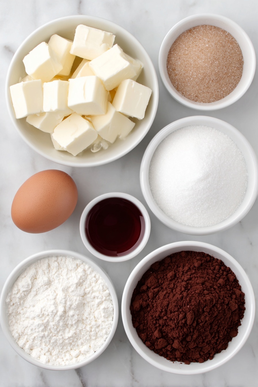 Flat lay of a small white ceramic bowl of cubed unsalted butter, a small white ceramic bowl filled with light brown sugar, a small white ceramic bowl of granulated sugar, one large whole uncracked brown egg, a small white ceramic bowl of red gel food coloring, a small white ceramic bowl of vanilla extract, a small white ceramic bowl of all-purpose flour, a small white ceramic bowl of sifted cocoa powder, a small white ceramic bowl containing a mix of baking soda, baking powder, and salt, and a small white ceramic bowl of bright red sanding sugar, all arranged symmetrically on a clean white marble surface, soft natural light, photo taken with an iPhone, professional food photography style, fresh ingredients, white ceramic bowls, no bottles, no duplicates, no utensils, no packaging --ar 2:3 --v 7 --p m7354615311229779997