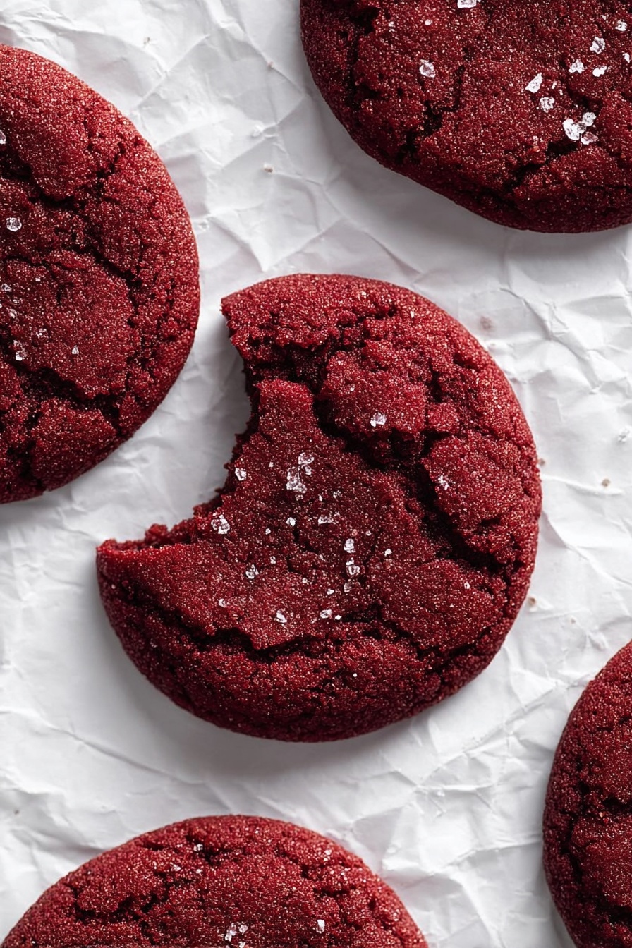 A stack of five dark red cookies, broken in half and placed one on top of the other, showing their soft and textured inside with some white sugar crystals sprinkled on top. The cookies have a deep, rich red color and slightly rough edges. Around the stack, there are whole cookies lying flat, also sprinkled with sugar crystals. In the bottom left corner, there is a small white bowl filled with coarse white sugar. Everything is set on a white marbled surface. photo taken with an iphone --ar 2:3 --v 7