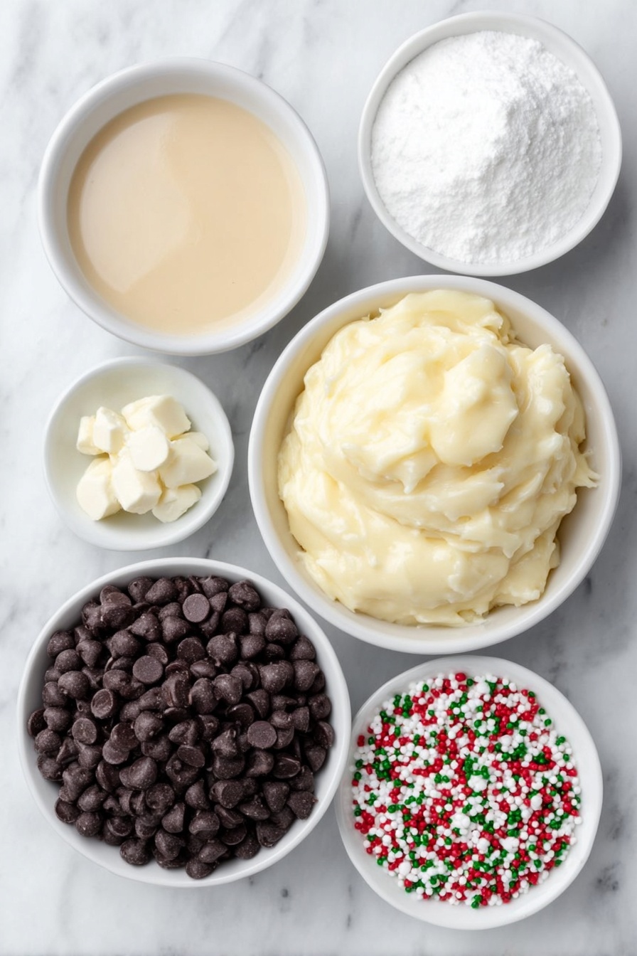 Flat lay of a small white ceramic bowl filled with smooth sweetened condensed milk, a tiny white bowl with clear peppermint extract, a neat mound of fine powdered sugar on a white ceramic plate, a white ceramic bowl brimming with glossy semi-sweet chocolate chips, a small white bowl containing solid white coconut oil, and a clean white ceramic dish holding red, green, and white Christmas sprinkles, all arranged in perfect symmetry, placed on a clean white marble surface, soft natural light, photo taken with an iPhone, professional food photography style, fresh ingredients, white ceramic bowls, no bottles, no duplicates, no utensils, no packaging --ar 2:3 --v 7 --p m7354615311229779997
