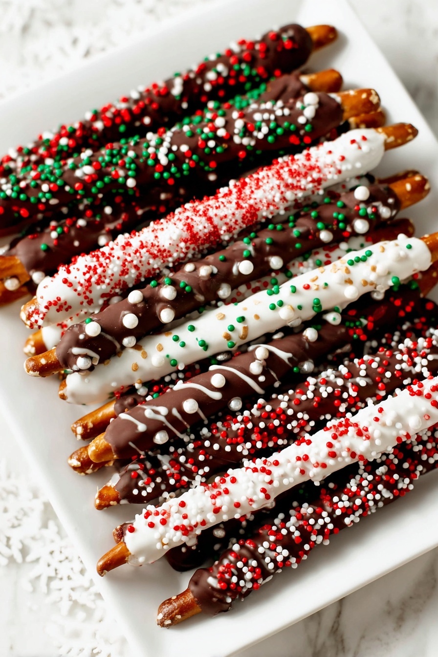 A group of long pretzel sticks are dipped in different layers of chocolate and decorated with colorful sprinkles. Each pretzel has one layer of chocolate either white or dark, covering about three-quarters of the stick, leaving the other end plain light brown with a crunchy texture. Some pretzels have a smooth drizzled layer of white chocolate in wavy lines over dark chocolate; others are fully coated with white or dark chocolate and topped with small round red, green, and white sprinkles or larger white pearl-like sprinkles. One pretzel is covered with white chocolate, decorated with golden sugar and small white balls. The pretzels are laid out on a white marbled texture with tiny crumbs of sprinkles scattered around. photo taken with an iphone --ar 2:3 --v 7