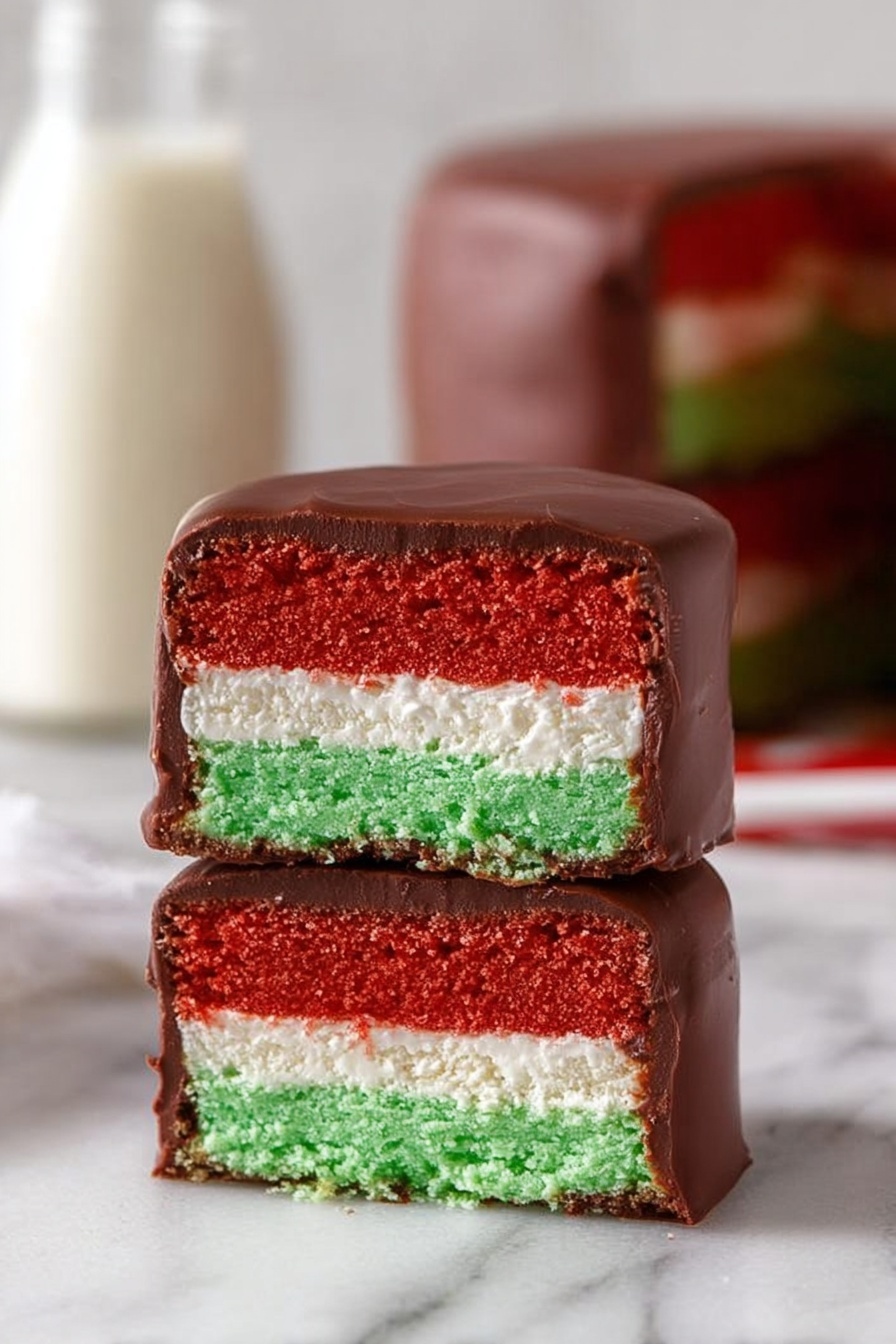 The image shows a stacked dessert with two pieces placed one on top of the other on a white marbled surface. Each piece has three clear layers inside: the top and bottom layers are bright red and green sponge cake, with a smooth white cream layer in the middle. The outside of the dessert is covered with a shiny dark chocolate coating that looks thick and smooth, especially visible on the sides and top edges. The background is softly blurred with a glass bottle of milk that adds a simple, clean look. Photo taken with an iphone --ar 2:3 --v 7
