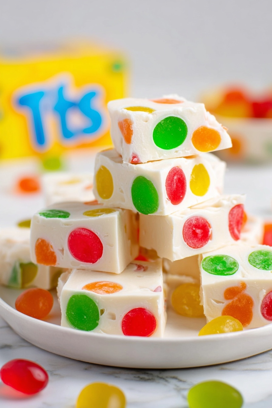 A pile of white fudge squares stacked on a white plate sits on a white marbled surface. Each fudge square has colorful jelly candies embedded inside, with bright green, red, orange, and yellow rounded pieces visible on the surfaces and edges. Around the plate, there are scattered colorful jelly candies matching those inside the fudge. In the background, there is a blurred yellow box with blue and white letters partially visible. The photo taken with an iphone --ar 2:3 --v 7