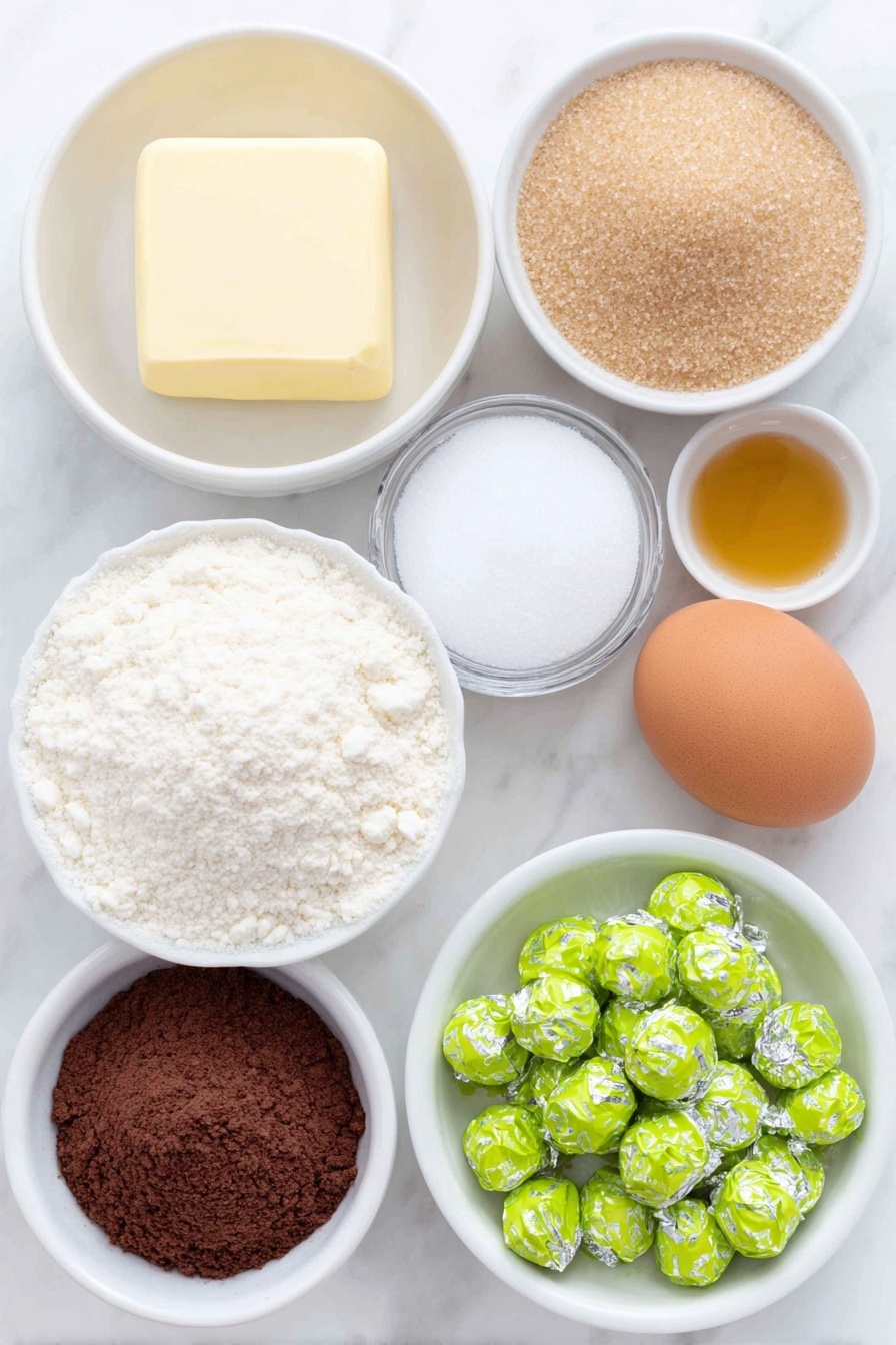 Flat lay of a small square of pale yellow softened butter, a small white ceramic bowl of fine white granulated sugar, a small white ceramic bowl of packed light brown sugar with a hint of crystals, one large whole brown egg with a clean shell, a small white ceramic bowl of golden vanilla extract, a small white ceramic bowl with a heap of fine all-purpose flour, a small white ceramic bowl filled with deep brown unsweetened cocoa powder, a small white ceramic bowl of light tan baking soda powder, a small white ceramic bowl of fine white salt, a small white ceramic bowl filled with irregular pieces of bright green-and-silver wrapped Andes mint chocolates removed from wrappers showing the green coloring, a neat pile of about twenty whole Andes mint chocolates with smooth green wrappers removed to reveal glossy pale green candies placed on a simple white ceramic plate, placed on a clean white marble surface, soft natural light, photo taken with an iPhone, professional food photography style, fresh ingredients, white ceramic bowls, no bottles, no duplicates, no utensils, no packaging --ar 2:3 --v 7 --p m7354615311229779997