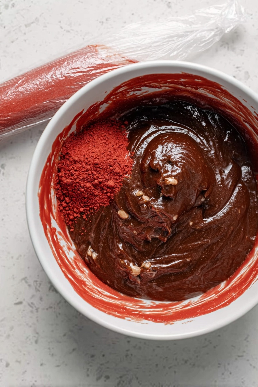 The image shows four bright red macarons placed on a white marbled surface. Each macaron has two smooth, slightly shiny red cookie shells as the top and bottom layers. Between the shells, there is a thick middle layer of textured brown filling. Around the edge of the filling, small white and red crushed candy pieces stick out, adding a rough contrast to the smooth shells. One macaron is broken in half, showing the brown filling and crushed candy from the side clearly. In the lower left, part of a red and white striped candy cane is visible on the same white marbled surface. photo taken with an iphone --ar 2:3 --v 7