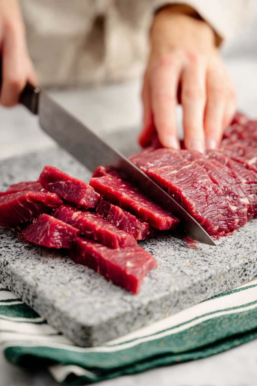 A white bowl filled with three layers: the bottom layer is white rice with a soft and fluffy texture, the middle layer consists of cooked broccoli florets in a bright green color, and the top layer features pieces of dark brown beef coated in a shiny sauce, garnished with small white sesame seeds and chopped green onions scattered evenly across the dish, the bowl is placed on a wooden board with a white marbled surface underneath, and a white cloth with black stripes is seen in the background, photo taken with an iphone --ar 2:3 --v 7