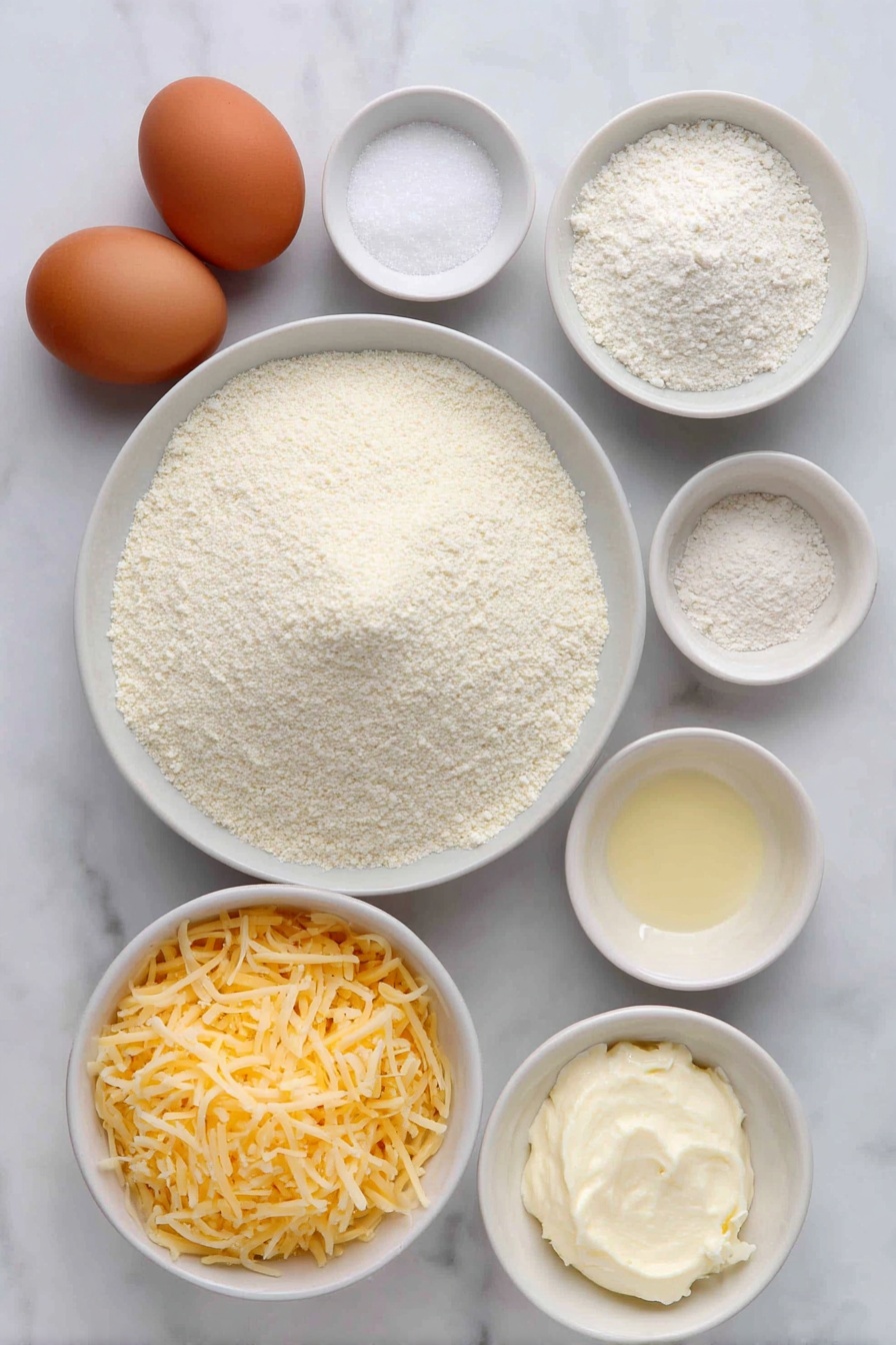 Flat lay of a small mound of superfine almond flour, a small white bowl of salt, a small white bowl of aluminum-free baking powder, a small white bowl of garlic powder, a small white bowl of onion powder, two large whole eggs with clean shells, a small white bowl of sour cream, a small white bowl of melted unsalted butter, a small white bowl of shredded cheddar cheese, all arranged symmetrically in simple white ceramic bowls placed on a clean white marble surface, soft natural light, photo taken with an iPhone, professional food photography style, fresh ingredients, white ceramic bowls, no bottles, no duplicates, no utensils, no packaging --ar 2:3 --v 7 --p m7354615311229779997