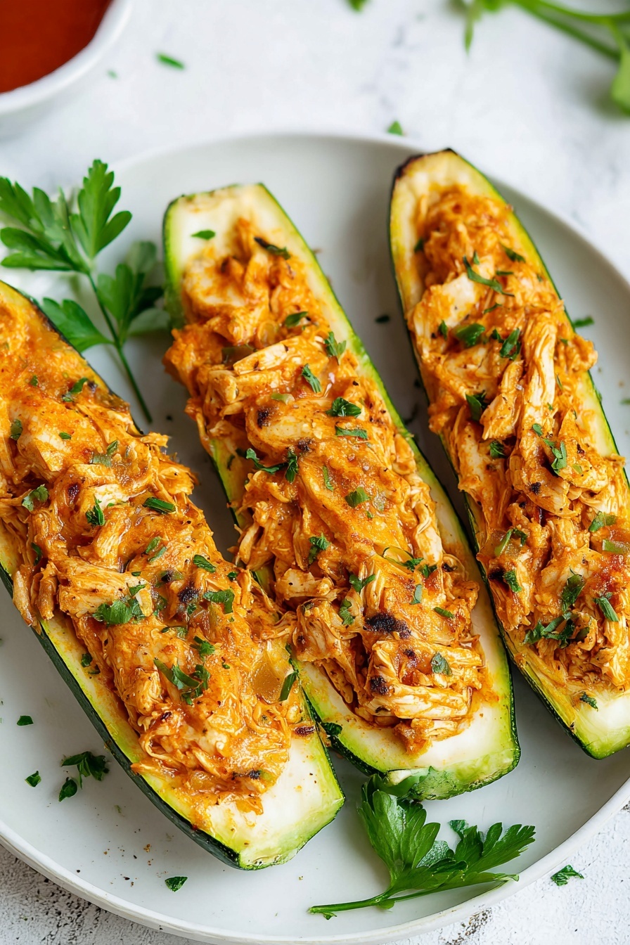 The image shows three zucchini halves arranged side by side on a white plate, each filled with a shredded orange-colored chicken mixture that has a slightly crispy surface. The zucchini flesh is light green and smooth, forming a hollow base for the filling. The chicken filling has visible herbs scattered lightly on top and is cooked to a golden-brown with small darker spots indicating slight roasting. Fresh green parsley sprigs are placed near the bottom edge of the plate, which is set on a white marbled textured surface. In the background, a white bowl with a red sauce is partially visible. Photo taken with an iphone --ar 2:3 --v 7