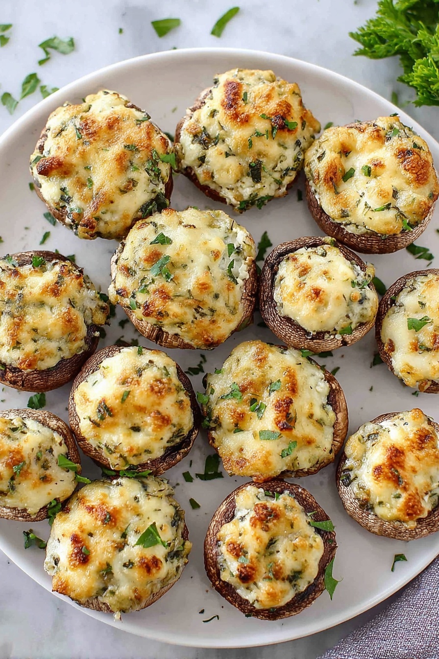 A white plate holds about fifteen stuffed mushrooms, arranged close together. Each mushroom has a brown cap base topped with a thick layer of creamy, melted cheese mixed with chopped herbs, showing hints of green and slight golden brown spots from baking. Small pieces of green parsley are sprinkled over the mushrooms. The plate sits on a white marbled surface with bits of herbs scattered nearby, adding a fresh touch. Photo taken with an iphone --ar 2:3 --v 7