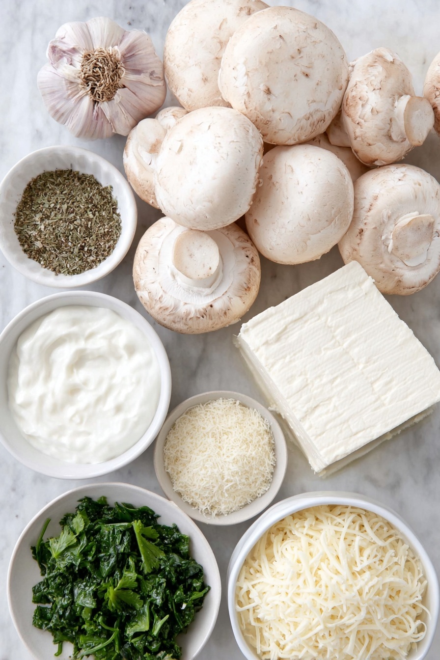 Flat lay of twenty large white mushrooms with smooth caps, a small pile of finely chopped white onion, two whole garlic cloves unpeeled, a soft block of cream cheese, a small white bowl filled with sour cream, a small white bowl holding grated Parmesan cheese, a small white bowl with freshly chopped green spinach leaves, a small white bowl containing fine white salt, a small white bowl with freshly ground black pepper, a small white bowl with pale beige onion powder, a small white bowl with light tan garlic powder, a small white bowl of shredded mozzarella cheese, and a few sprigs of fresh parsley, all arranged symmetrically on simple white ceramic dishes, placed on a clean white marble surface, soft natural light, photo taken with an iPhone, professional food photography style, fresh ingredients, white ceramic bowls, no bottles, no duplicates, no utensils, no packaging --ar 2:3 --v 7 --p m7354615311229779997