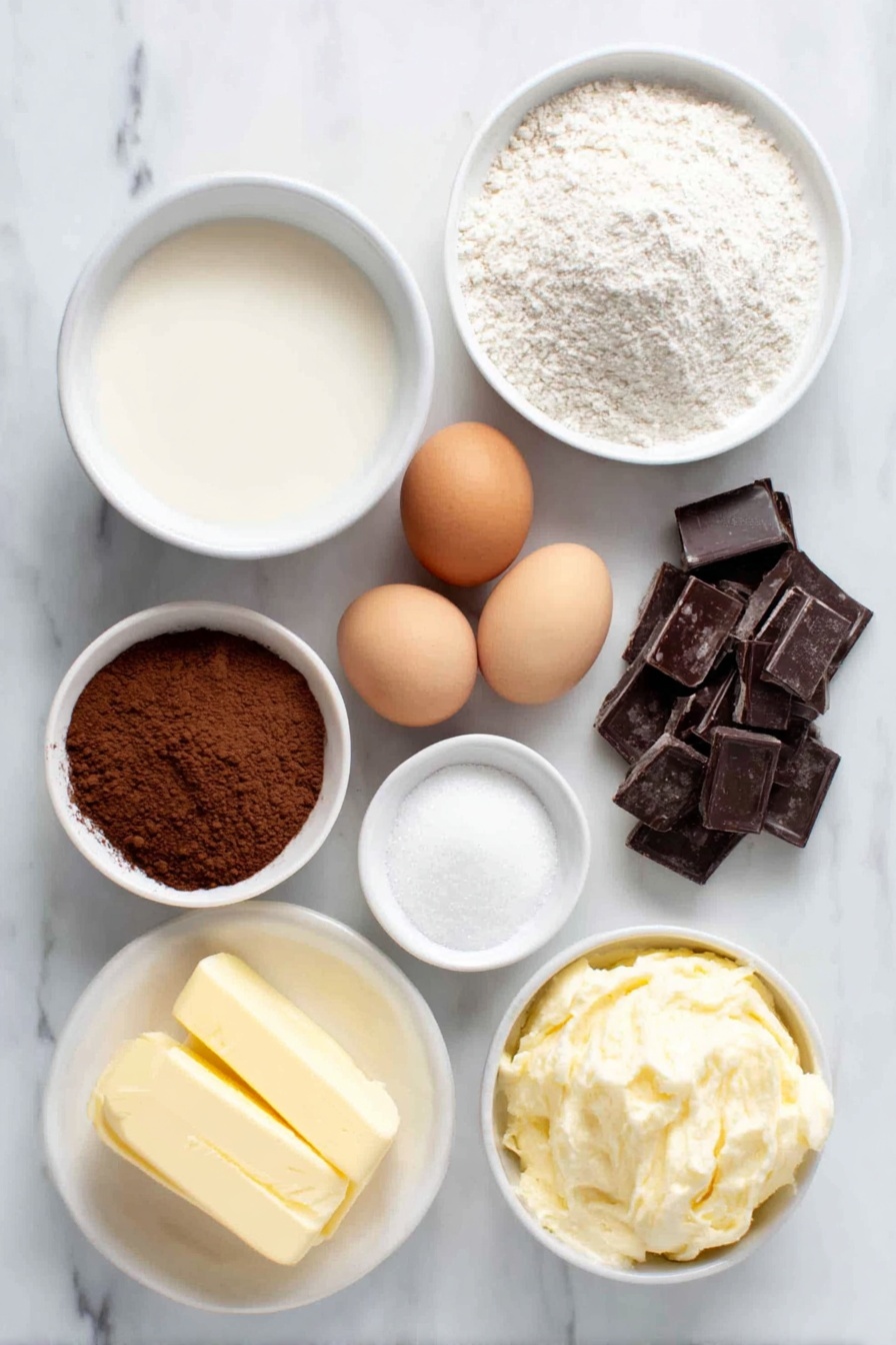 Flat lay of a small white ceramic bowl of warm milk, a small white ceramic bowl with active dry yeast granules, a small white ceramic bowl of granulated sugar, a small white ceramic bowl of brown sugar, a small white ceramic bowl of cocoa powder, a small white ceramic bowl of instant coffee powder, a small white ceramic bowl of powdered sugar, two whole uncracked brown eggs, a small mound of softened unsalted butter, a small white ceramic bowl of heavy cream, finely chopped pieces of dark chocolate, a simple white ceramic bowl containing a smooth coffee icing, all ingredients arranged symmetrically on a clean white marble surface, soft natural light, photo taken with an iPhone, professional food photography style, fresh ingredients, white ceramic bowls, no bottles, no duplicates, no utensils, no packaging --ar 2:3 --v 7 --p m7354615311229779997
