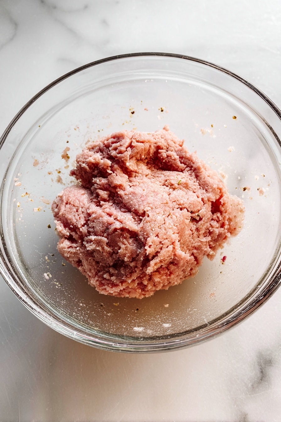 A stack of about ten round meatballs sits on a white shallow dish with small speckles. The meatballs have a light browned color with a slightly rough texture and small bits of herbs and spices visible. Some green parsley leaves and a few flakes of red chili pepper are sprinkled on top of the meatballs, adding a pop of color. Around the plate, there are small grains of white cheese and red chili flakes scattered on a wooden surface beneath, which is partially visible. A blurred white cup and a green cloth are in the background over a white marbled texture. photo taken with an iphone --ar 2:3 --v 7
