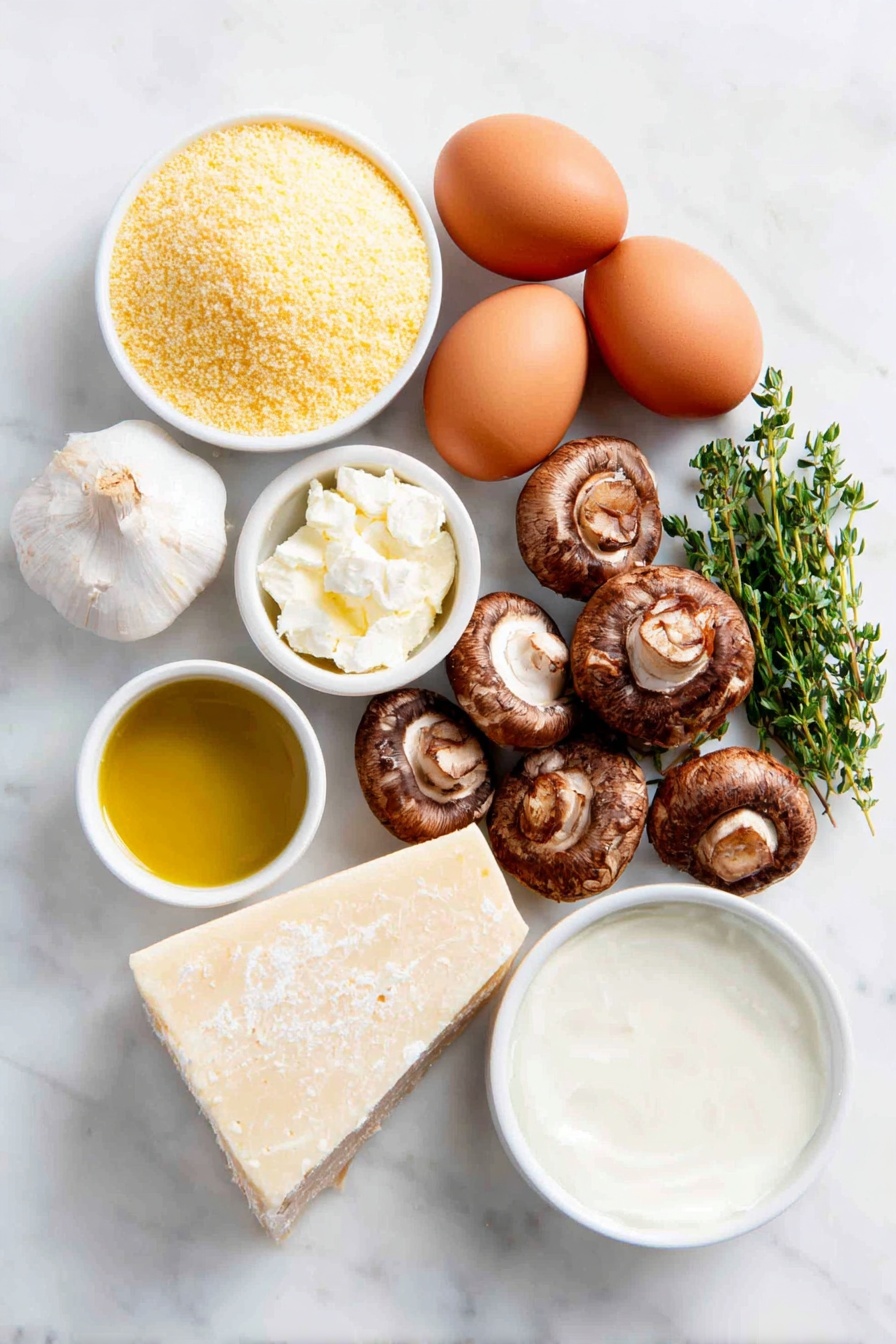 Flat lay of a small mound of yellow cornmeal, a block of Parmesan cheese with a small pile of freshly grated Parmesan beside it, two whole brown eggs with clean shells, a handful of mixed fresh mushrooms including cremini, shiitake, and oyster varieties, two cloves of whole garlic, a few sprigs of fresh thyme, a small bunch of chopped parsley, a small white ceramic bowl filled with golden olive oil, a small white ceramic bowl with creamy heavy cream, a small white ceramic bowl containing pale yellow butter, and a small white ceramic bowl of clear chicken broth, all arranged with perfect symmetry and natural colors, placed on a clean white marble surface, soft natural light, photo taken with an iPhone, professional food photography style, fresh ingredients, white ceramic bowls, no bottles, no duplicates, no utensils, no packaging --ar 2:3 --v 7 --p m7354615311229779997