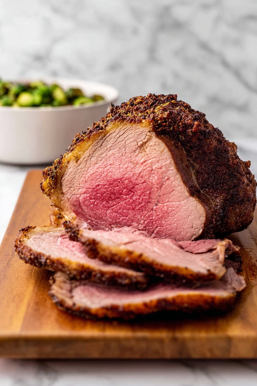 The image shows a large piece of cooked roast beef resting on a wooden board with several slices cut off and laying in front. The roast beef has a dark brown, crispy outer crust and a light to medium pink center with a juicy texture. The edges of the slices have a slightly browned color where the crust meets the pink meat. In the background, there is a white bowl filled with green vegetables, all set against a white marbled surface. The photo taken with an iphone --ar 2:3 --v 7