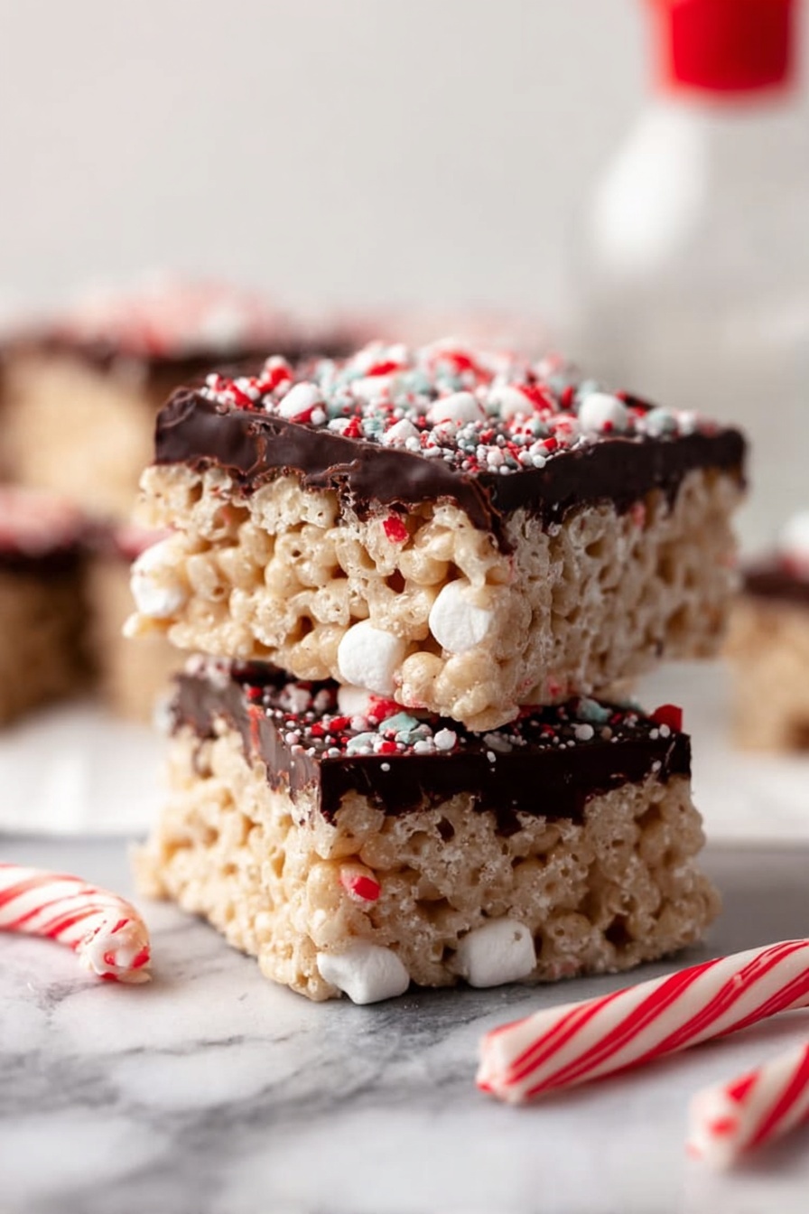 The image shows square treats layered with three visible parts: the bottom layer is a light beige crispy rice cereal, soft and airy, the middle layer is a dark brown chocolate drizzle with a glossy look, and the top layer is a white drizzle with small crushed red and white peppermint candy pieces sprinkled all over. The treats are arranged on a white marbled surface, mixed with small whole peppermint candies scattered around, adding a festive red and white color contrast. One treat is held by a woman's hand showing the porous texture inside. photo taken with an iphone --ar 2:3 --v 7