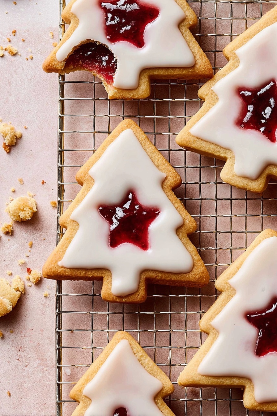 A white plate with a delicate snowflake pattern holds a stack of tree-shaped cookies, each with a white icing layer on top that has a smooth, slightly shiny texture. The middle of the cookies has a star-shaped cutout filled with bright red jam, which looks glossy and slightly translucent. The cookies are arranged closely on the plate over a white marbled surface. Around the plate, there are whole red cherries in a small white bowl and some almonds in another white bowl, adding contrasting textures and colors to the soft pastel pink background. Photo taken with an iphone --ar 2:3 --v 7