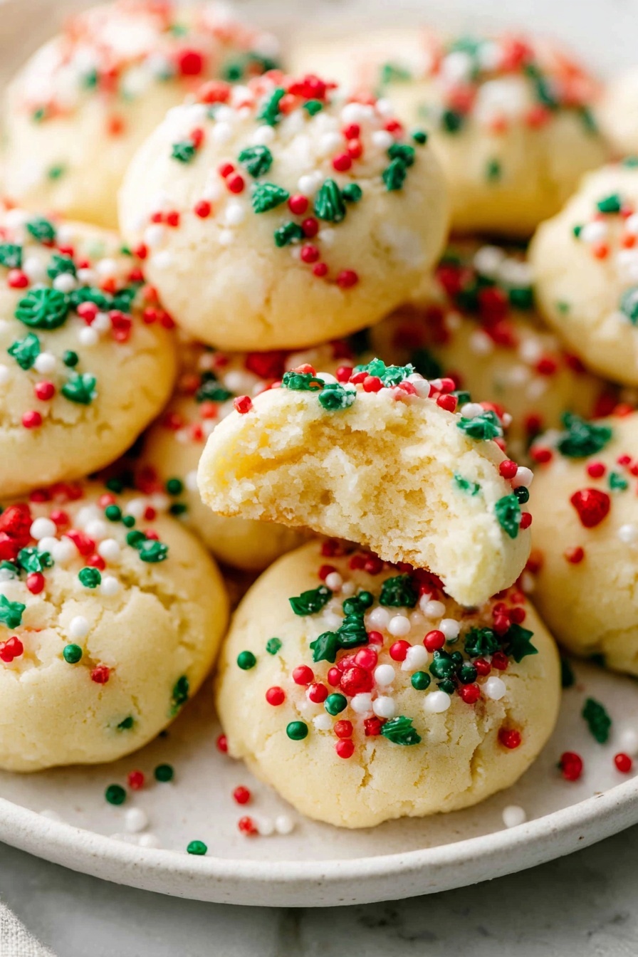A white plate is filled with round, pale yellow cookies, each topped with colorful red, green, and white round and Christmas tree-shaped sprinkles, giving a festive look. One cookie is broken in half, showing a soft and crumbly inside with a slightly glossy coating on the outside. The cookies are clustered closely together on a white marbled surface, highlighting their smooth texture and sprinkled tops. photo taken with an iphone --ar 2:3 --v 7