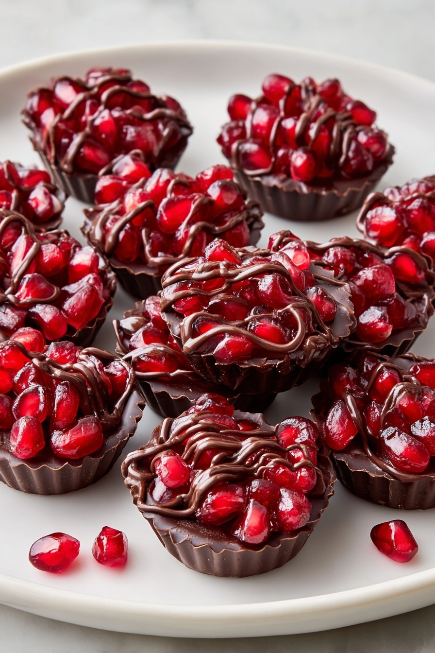 A tall stack of four round chocolate discs evenly layered, each topped with bright red, shiny pomegranate seeds nestled in a dark chocolate base with swirls of darker chocolate on top. The edges of the chocolate discs have a ruffled pattern, showing texture and depth. Two loose pomegranate seeds sit on the white marbled surface next to the bottom disc. The overall look is rich and glossy, with the deep reds contrasting with the dark browns and the smooth white marbled background. Photo taken with an iphone --ar 2:3 --v 7