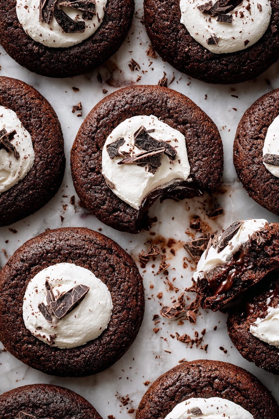 The image shows several round dark brown chocolate cookies arranged on a white marbled surface. Each cookie has a smooth, thick white dollop of cream in the center, topped with small pieces of dark chocolate shavings. One cookie is broken in half, revealing a soft and creamy layer of white filling inside with some melted chocolate on it. The cookies have a rough, slightly cracked texture on the outside, with scattered bits of chocolate around them. Photo taken with an iphone --ar 2:3 --v 7