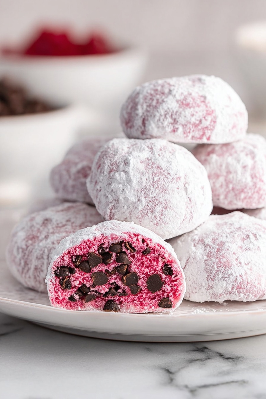 The image shows a pile of round cookies covered in white powder on a white plate. One cookie in the front is cut in half, showing a bright pink inside filled with many small dark brown chocolate chips. The cookies have a slightly rough texture under the powder. The background is a white marbled surface with blurred white bowls behind containing red and dark items. photo taken with an iphone --ar 2:3 --v 7
