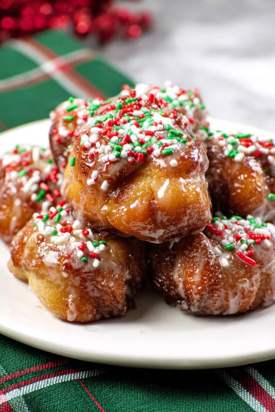 A close-up of a bundt-shaped monkey bread with a shiny golden brown surface made of many small, soft dough pieces stuck together. The dough clusters show a slightly sticky texture with some green bits inside, likely herbs. The bread is covered with small, colorful sprinkles in red, green, and white colors that are scattered not only on top but also around the base on a white round plate placed on a wooden surface with a white marbled background and some blurred green festive decorations behind. photo taken with an iphone --ar 2:3 --v 7