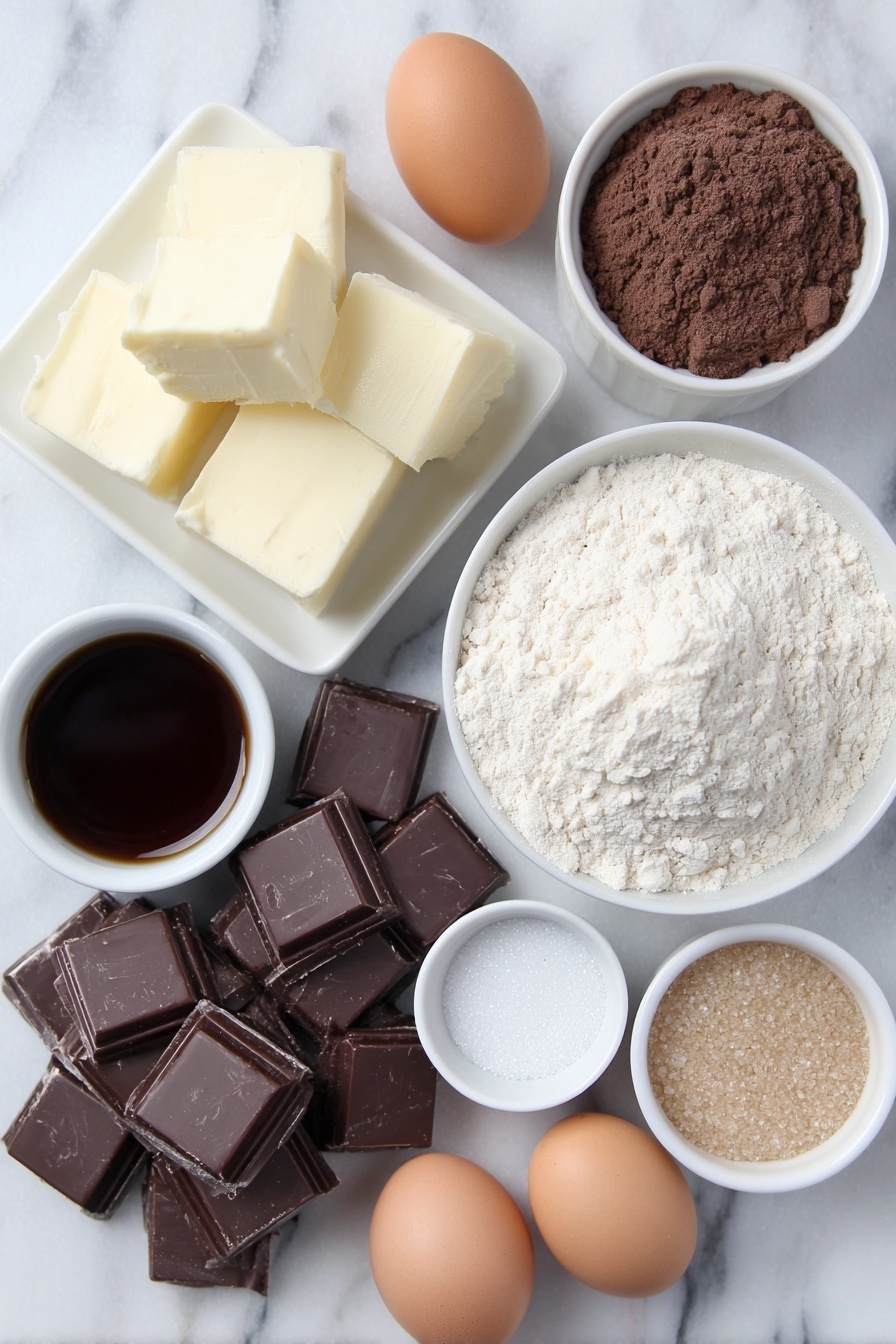 Flat lay of six cubed salted butter pieces, chopped dark chocolate bar segments, a small white bowl of pure vanilla extract, two whole brown eggs with clean shells, one whole egg yolk in a small white bowl, a small white bowl of granulated sugar crystals, a small white bowl of packed light brown sugar, a small white bowl of all-purpose flour, a small white bowl of Dutch-process cocoa powder, a small white bowl of baking powder, a small white bowl of fine salt, soft caramel squares unwrapped and arranged, a small white bowl of heavy cream, and a few flakes of sea salt flakes scattered artistically, all placed symmetrically on a simple white ceramic dish and small white bowls, placed on a clean white marble surface, soft natural light, photo taken with an iPhone, professional food photography style, fresh ingredients, white ceramic bowls, no bottles, no duplicates, no utensils, no packaging --ar 2:3 --v 7 --p m7354615311229779997