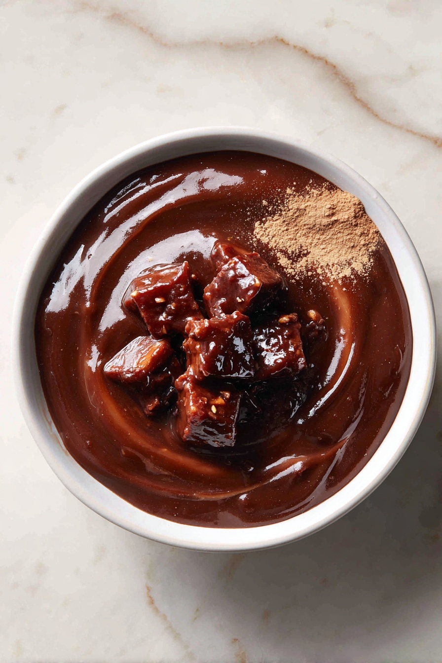 A white plate holds several round chocolate balls, each covered in a smooth milk chocolate layer. On top, a white chocolate drip flows down the sides of each ball, with a shiny bright red cherry set neatly on top. One chocolate ball is cut in half and placed on top, showing a dense, fudgy texture inside with small bits of nuts or fruit. The plate is set on a white marbled surface, and in the background, there is a small white bowl filled with a chunky dark brown spread. The overall look is neat, shiny, and rich with contrasting colors. photo taken with an iphone --ar 2:3 --v 7