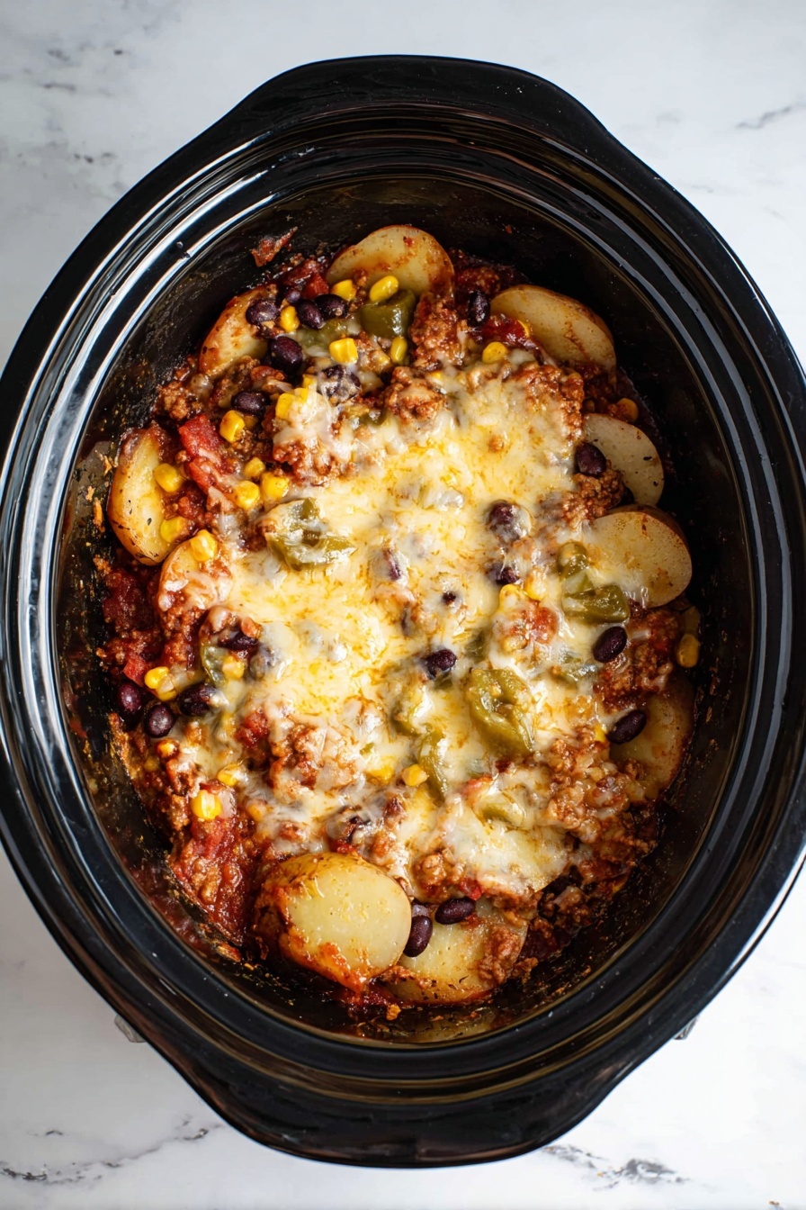 A black crockpot is filled with a layered casserole dish. The bottom layer has soft, round slices of potatoes covered with a thick mix of cooked ground meat, dark beans, corn kernels, chopped green peppers, and tomato pieces. The whole top layer is covered with melted light yellow and white cheese with some browned spots, creating a gooey texture with bits of sauce peeking through. The crockpot sits on a white marbled surface. photo taken with an iphone --ar 2:3 --v 7