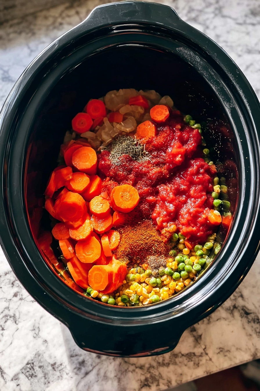 A gray plate holds a layered dish starting with a base of cooked beans mixed with small chunks of red bell pepper and browned ground meat, showing a textured mix of brown, beige, red, and yellow colors. On top, there are three round slices of golden-brown fried potatoes arranged slightly overlapping near the front. A dollop of white sour cream is placed on the right side of the dish, sprinkled with finely chopped green chives that also scatter over the rest of the food. A silver fork rests on the left edge of the plate. The plate is set on a wooden table with a black small bowl of more chives and a wooden bowl of sour cream nearby. A pink and white checkered cloth sits on the lower right side. photo taken with an iphone --ar 2:3 --v 7