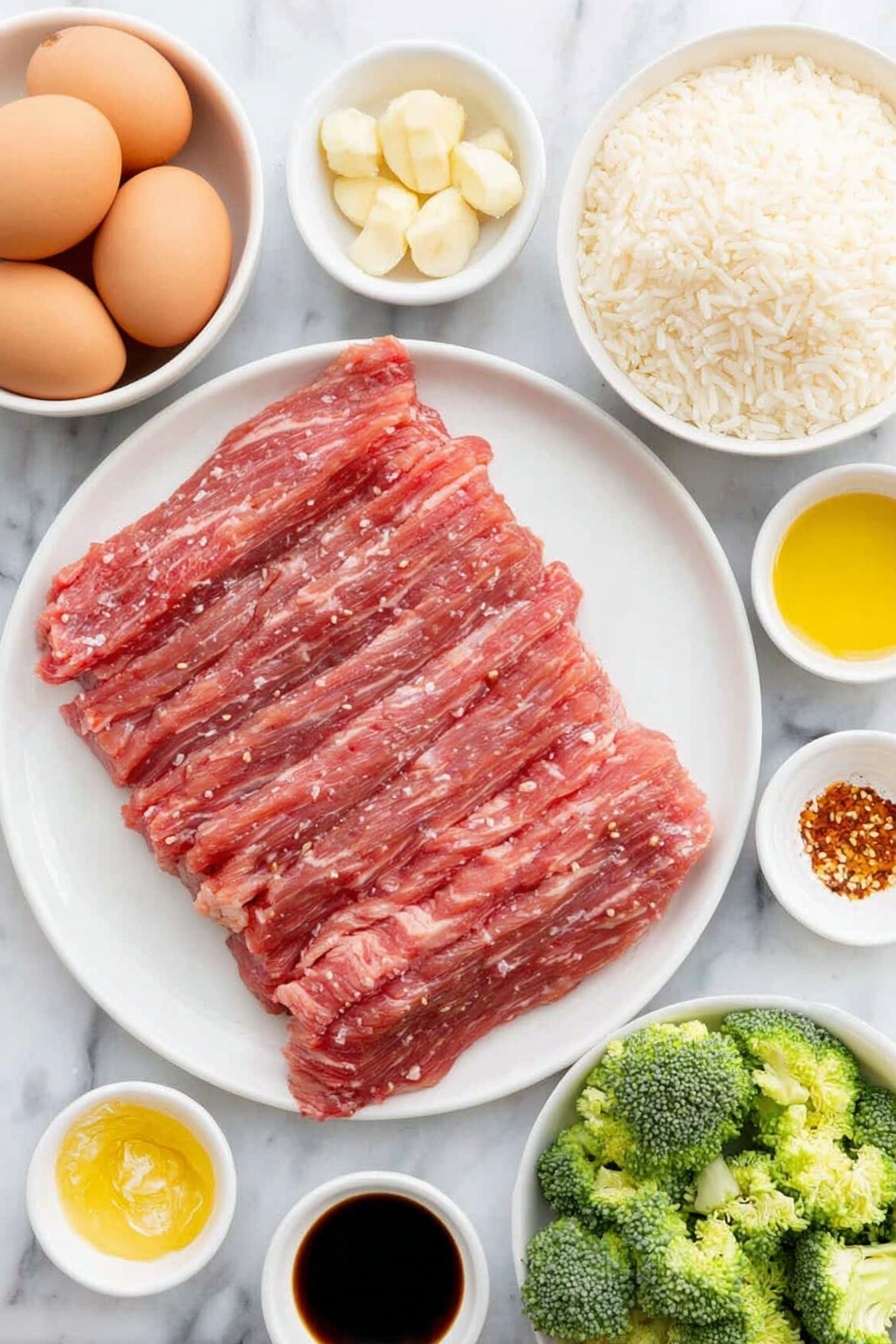 Flat lay of a fresh, raw flank steak sliced thinly against the grain arranged neatly on a simple white ceramic plate, four whole uncracked brown eggs in a small white bowl, a small white bowl filled with peeled whole garlic cloves, a small white bowl holding thinly grated fresh ginger root, two tablespoons of golden honey in a small white ceramic bowl, a few bright green broccoli florets cut into small pieces on a white plate, four fresh green onion stalks laid evenly beside the broccoli, a small white bowl with dark soy sauce, another small white bowl with golden olive oil, a small white bowl of tapioca starch powder, two small white bowls—one filled with clear water, one with white sesame seeds, and a pinch of vibrant red pepper flakes in a small white bowl, a neat mound of uncooked fluffy brown rice on a white ceramic plate, all placed on a clean white marble surface, soft natural light, photo taken with an iPhone, professional food photography style, fresh ingredients, white ceramic bowls, no bottles, no duplicates, no utensils, no packaging --ar 2:3 --v 7 --p m7354615311229779997