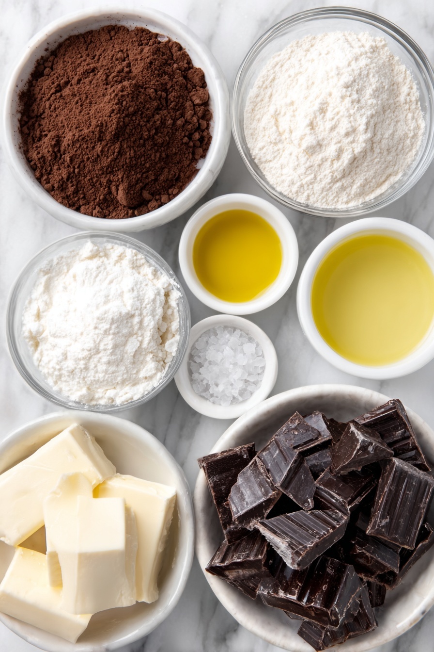 Flat lay of a small white ceramic bowl of deep brown dutch process cocoa powder, a small white ceramic bowl of fine all purpose flour, a small white ceramic bowl of granulated white sugar with sparkling crystals, a small white ceramic bowl of golden yellow oil, a small white ceramic bowl of clear water, a small white ceramic bowl filled with irregular pieces of glossy dark chocolate chunks, all arranged with perfect symmetry and balanced proportions, placed on a clean white marble surface, soft natural light, photo taken with an iPhone, professional food photography style, fresh ingredients, white ceramic bowls, no bottles, no duplicates, no utensils, no packaging --ar 2:3 --v 7 --p m7354615311229779997