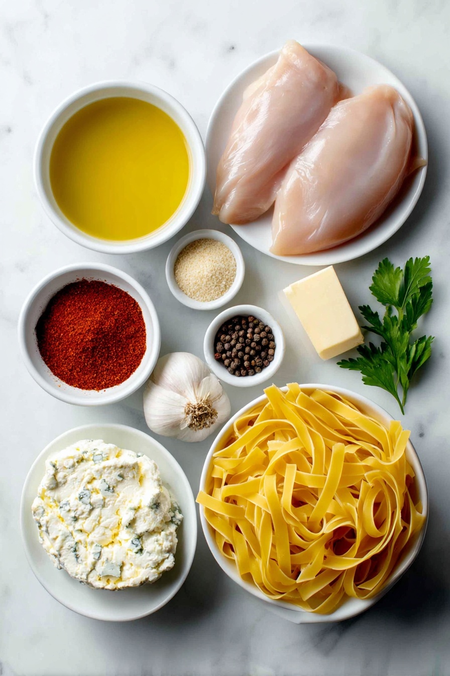 Flat lay of four boneless skinless chicken breasts, a small white bowl of extra virgin olive oil, a small white bowl with bright red paprika powder, a small white bowl of pale beige garlic powder, a small white bowl of cracked black peppercorns, a small white bowl of light brown onion powder, two tablespoons of unsalted butter on a simple white ceramic dish, one medium shallot thinly sliced on a white plate, three whole garlic cloves peeled, a small white bowl filled with pale golden white wine, a small white bowl of clear low sodium chicken broth, a whole round of creamy Boursin cheese on a white plate, two tablespoons of fresh green parsley leaves placed neatly, and a small white bowl of uncooked pale yellow fettuccine pasta strands, all arranged in perfect symmetry on a simple white ceramic surface, placed on a clean white marble surface, soft natural light, photo taken with an iPhone, professional food photography style, fresh ingredients, white ceramic bowls, no bottles, no duplicates, no utensils, no packaging --ar 2:3 --v 7 --p m7354615311229779997
