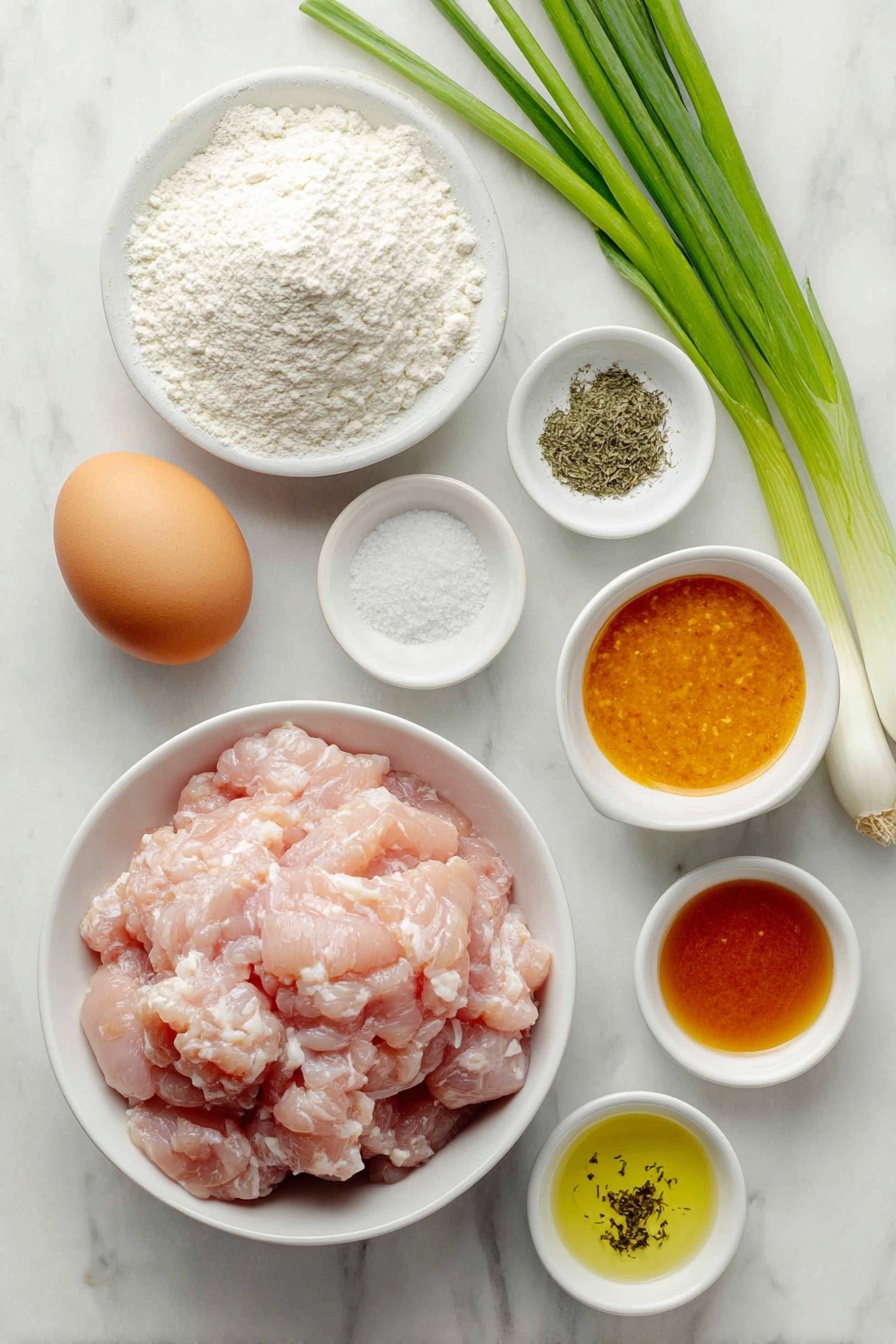 Flat lay of raw ground chicken in a simple white ceramic bowl, a small white bowl of tapioca flour, one whole uncracked large egg with a clean shell, a few green onions with bright green stalks and white bulbs, small white bowls each containing garlic powder and onion powder as fine pale powders, small white bowls of kosher salt crystals and black peppercorns, a small white bowl of melted golden ghee butter, a small white bowl of vibrant orange-red hot sauce, fresh celery sticks and carrot sticks arranged neatly, all placed on a clean white marble surface, soft natural light, photo taken with an iPhone, professional food photography style, fresh ingredients, white ceramic bowls, no bottles, no duplicates, no utensils, no packaging --ar 2:3 --v 7 --p m7354615311229779997