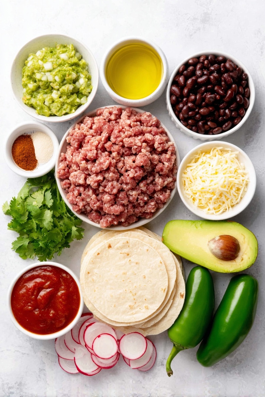 Flat lay of a small white ceramic bowl of avocado oil, a medium yellow onion whole and unpeeled, three whole uncracked brown garlic cloves, a mound of fresh raw ground turkey, a small white ceramic bowl each with chili powder, ground cumin, paprika, garlic powder, and dried oregano, a small white ceramic bowl of kosher salt, a small white ceramic bowl of black beans, a small white ceramic bowl of fire roasted diced tomatoes, a stack of corn tortillas, a white ceramic bowl filled with shredded Mexican cheese, a small white ceramic bowl of red enchilada sauce, a few sliced radishes, a few slices of fresh avocado, a small bunch of cilantro sprigs, a few slices of red onion, and some whole green jalapenos, all arranged with perfect symmetry on a clean white marble surface, soft natural light, photo taken with an iPhone, professional food photography style, fresh ingredients, white ceramic bowls, no bottles, no duplicates, no utensils, no packaging --ar 2:3 --v 7 --p m7354615311229779997