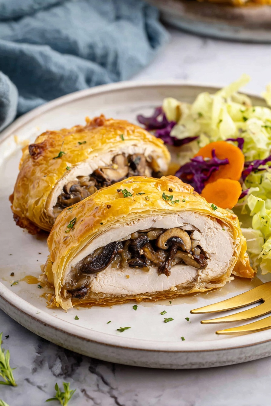 A white plate holds two thick slices of golden puff pastry wrapped around tender, white cooked meat with a layer of finely chopped dark mushrooms beneath. The pastry is flaky and shiny, topped with small green herb bits. On the side, there is a fresh salad with light green lettuce, thin orange carrot slices, and long purple cabbage strips. A gold fork rests beside the pastry, all sitting on a white marbled surface with soft-focus blue fabric in the background. Photo taken with an iphone --ar 2:3 --v 7