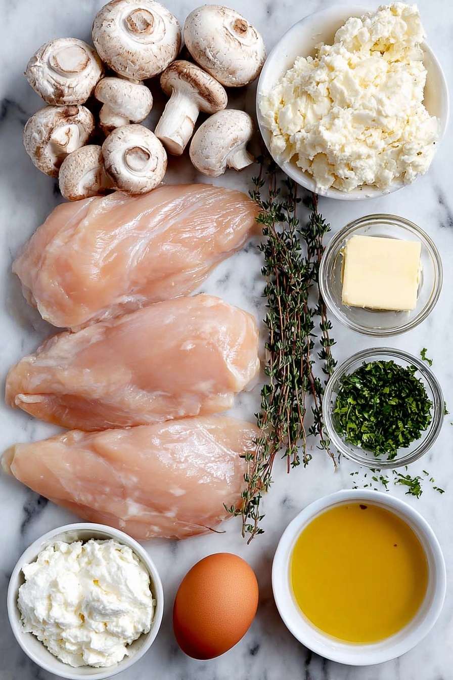 Flat lay of four boneless skinless chicken breasts with smooth, pale pink flesh, a small mound of finely chopped white onion, two whole garlic cloves unpeeled, a small pile of fresh white mushrooms whole and clean, a few sprigs of fresh thyme with tiny green leaves, a small white ceramic bowl of golden olive oil, a small white ceramic bowl of creamy butter, a small white ceramic bowl of dry white wine, a small white ceramic bowl of soft white cream cheese, a small bunch of chopped bright green parsley, a sheet of pale, flaky puff pastry folded neatly, a single whole egg with a clean shell, and a small white ceramic bowl of smooth yellow Dijon mustard, all arranged in perfect symmetry on a simple white ceramic plate and bowl set, placed on a clean white marble surface, soft natural light, photo taken with an iPhone, professional food photography style, fresh ingredients, white ceramic bowls, no bottles, no duplicates, no utensils, no packaging --ar 2:3 --v 7 --p m7354615311229779997